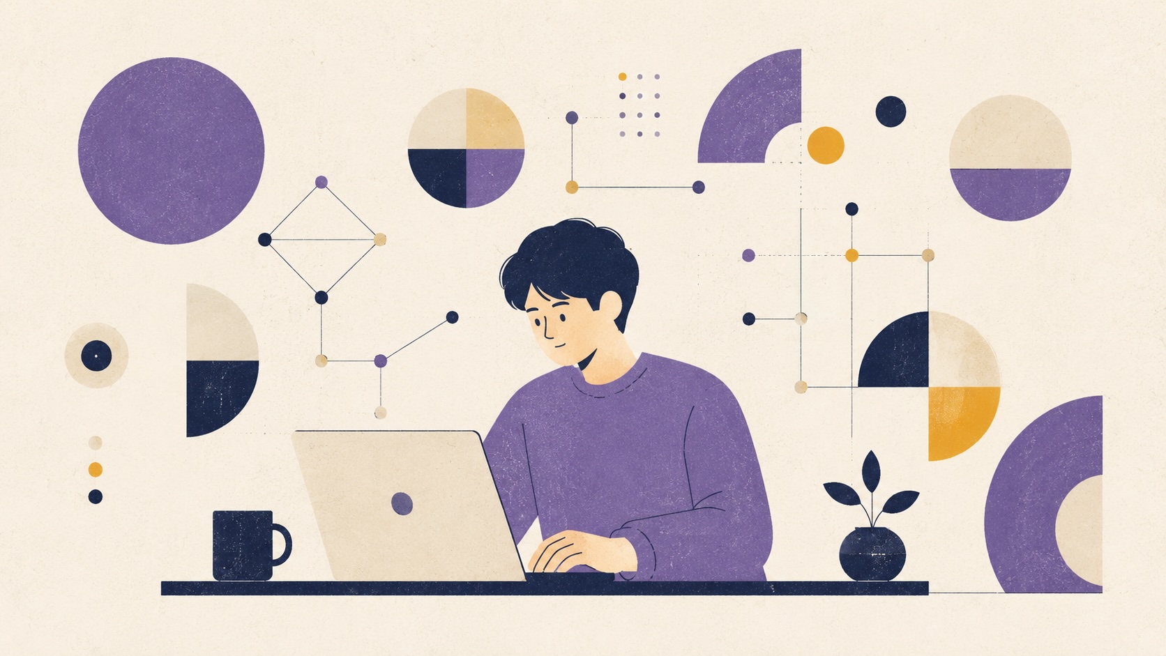 ミッドセンチュリー風イラスト。カジュアルな若い人物がノートパソコンに落ち着いて向かい、周囲にデータやAIを表す抽象的な幾何学模様やノード図が整然と配置されている。