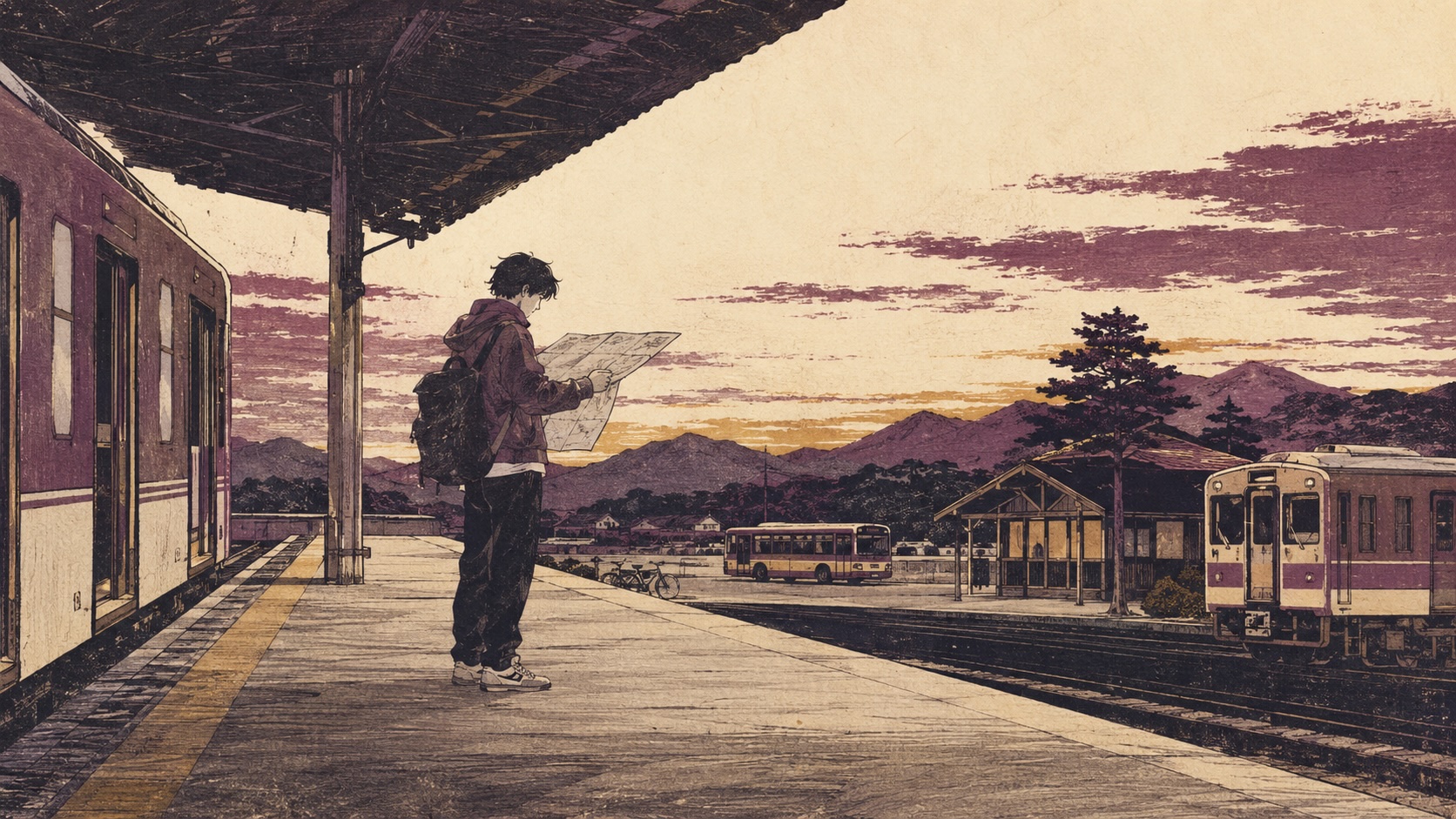 多色刷り木版画風イラスト。夕暮れの駅のホームで、行き先の違う列車やバスを前に、若者が地図を広げて目的地を確かめている。