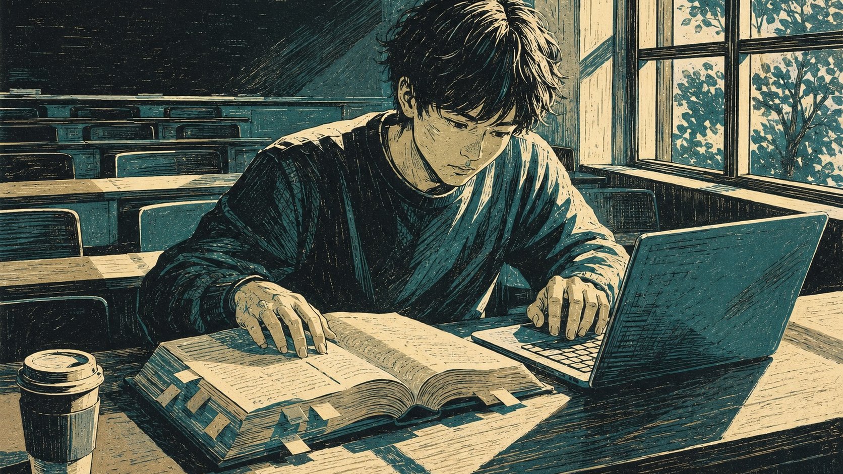 講義室の窓際で分厚い本とノートPCを並べ、コードと本を見比べている文系学生を描いたリノカット版画風イラスト