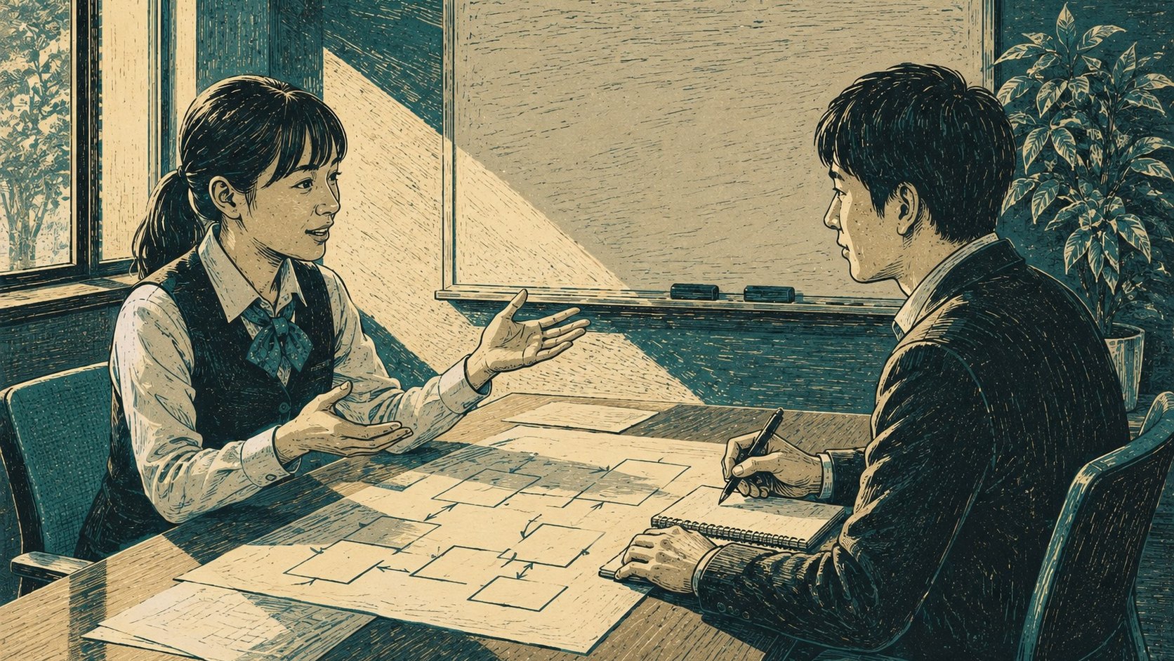 打ち合わせで業務担当者が手振りで説明し、その内容を図としてノートに書き取るシステムエンジニアを描いたリノカット版画風イラスト