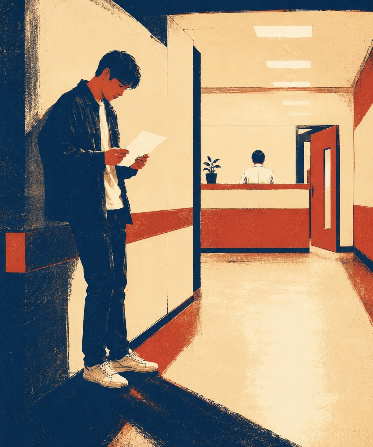 テストセンターの廊下で、試験を終えた若い男性が手元の紙を見つめて立ち尽くしている場面を描いたシルクスクリーン版画風イラスト