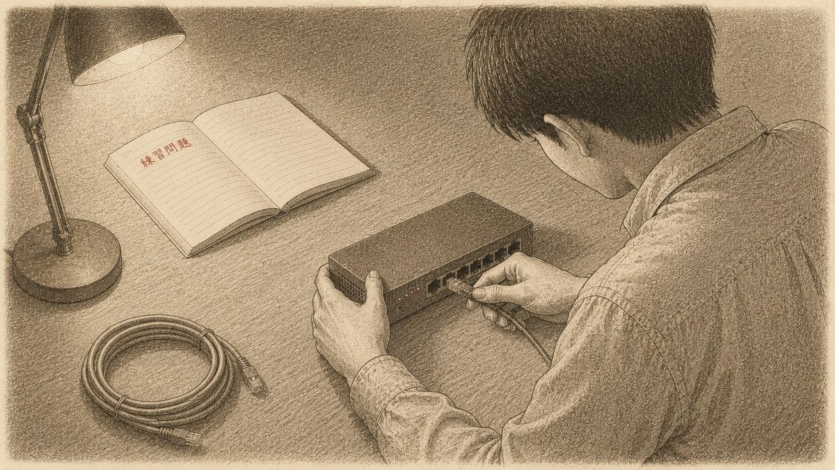 デスクライトの下でネットワーク機器にケーブルを挿す学習者。開いたノートには「練習問題」と書かれている