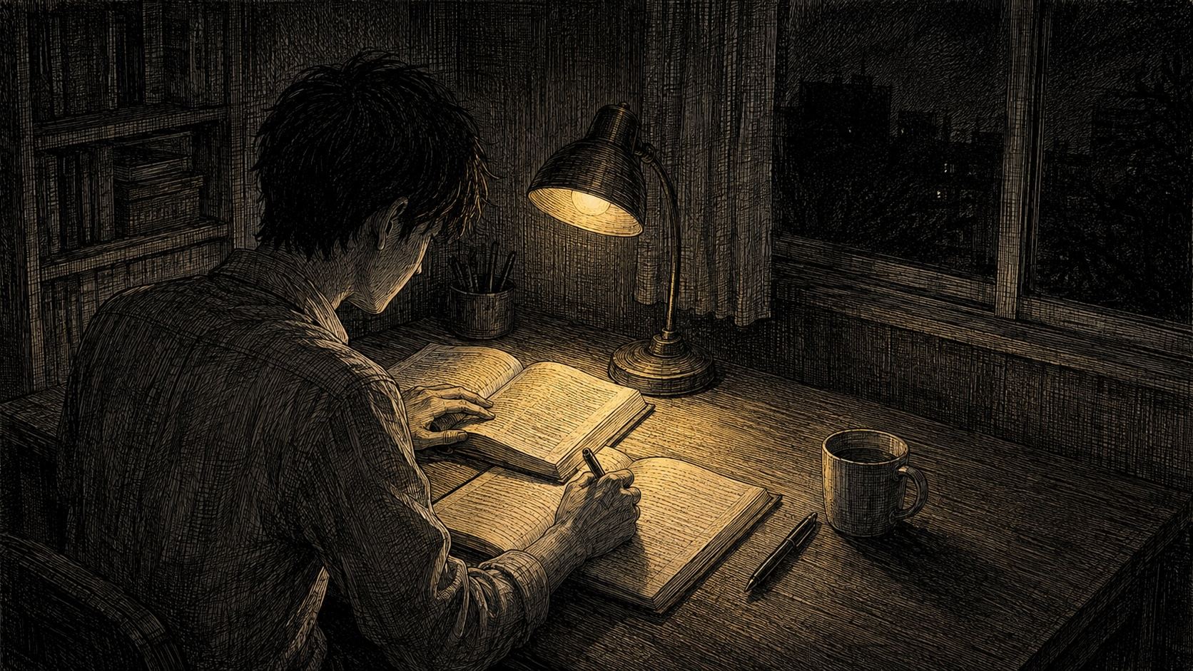深夜の自室の机でスタンドライトの下、参考書とノートを開いて勉強している若い男性を描いたエッチング風イラスト