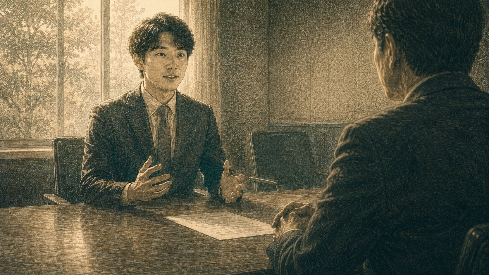 面接の席で背筋を伸ばし、落ち着いた表情で面接官に説明している応募者を描いたエッチング風イラスト