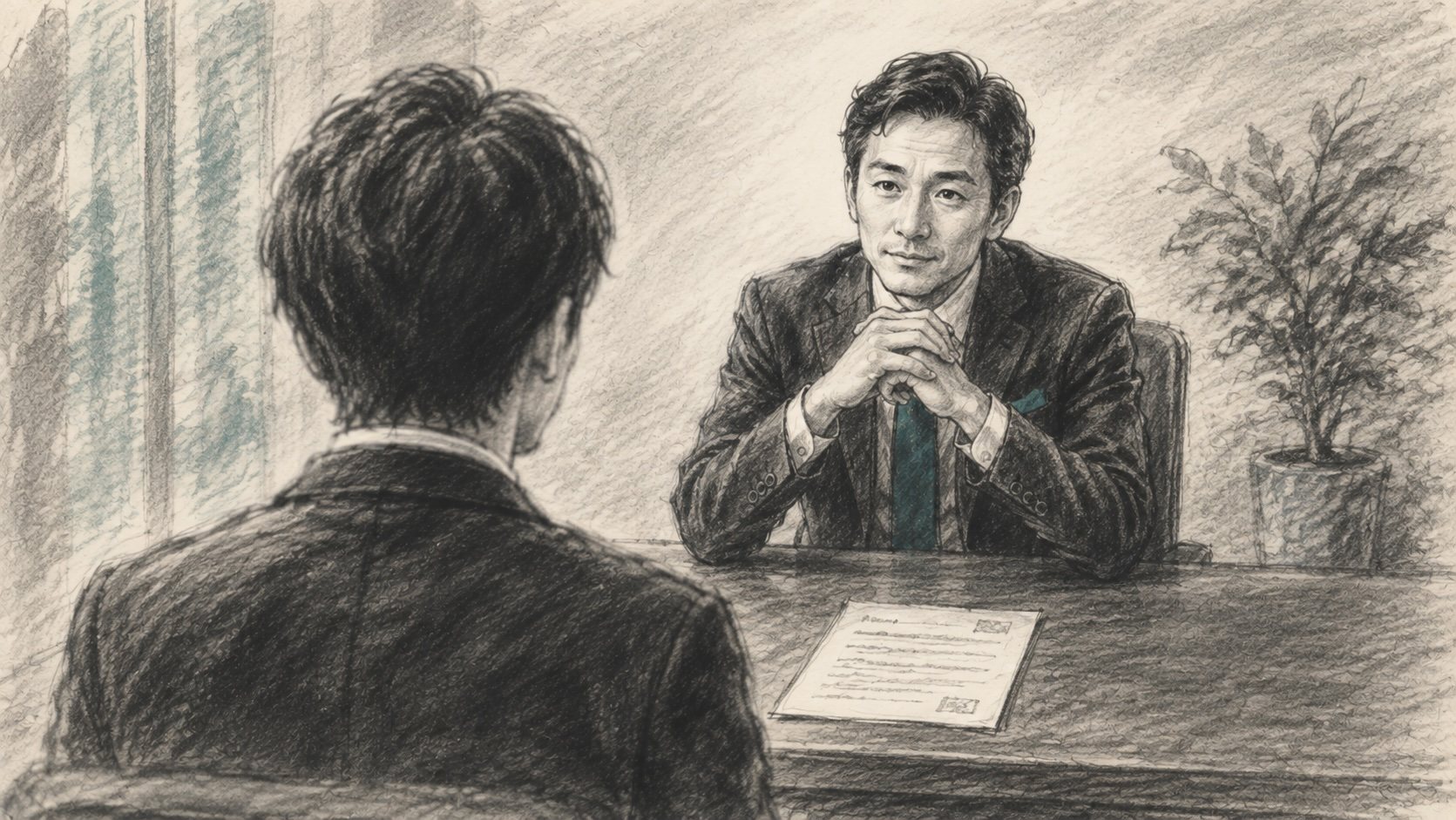 面接で机上の履歴書ではなく応募者の顔を見て話を聞いている面接官を、応募者の背中越しに描いた木炭デッサン風イラスト