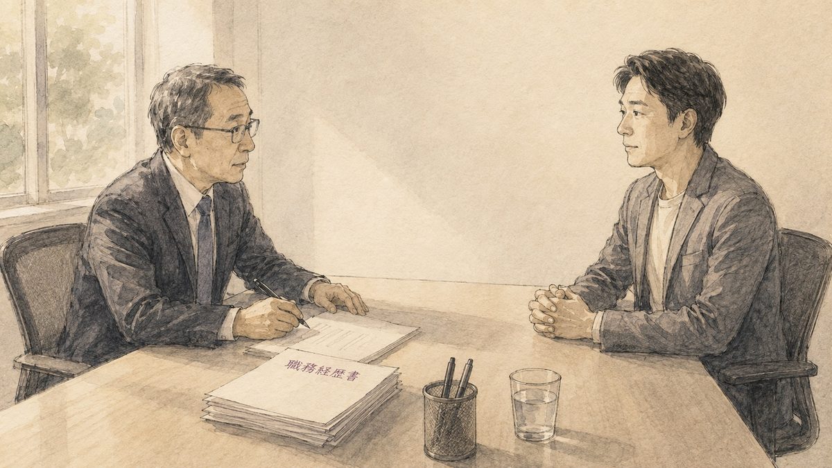 面接の場面。机を挟んで面接官と応募者が向かい合い、机上には「職務経歴書」と書かれた書類の束が置かれている