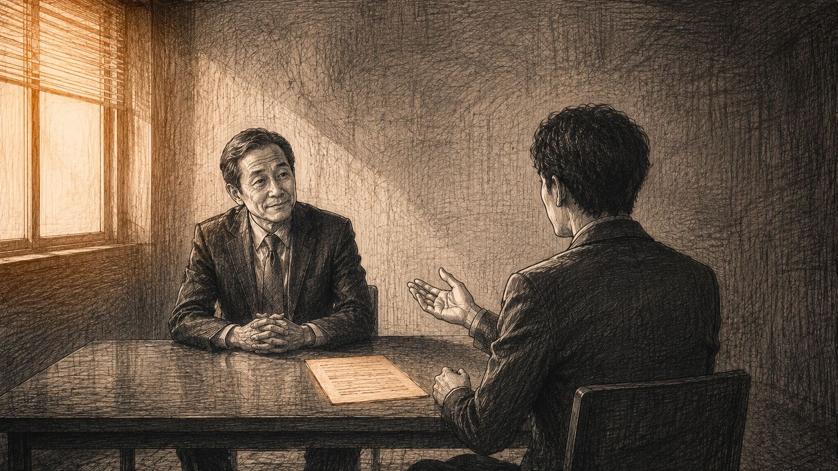 面接室で応募者が身振りを交えて説明し、面接官が書類ではなく応募者の顔を見て頷いている場面を描いたドライポイント風イラスト
