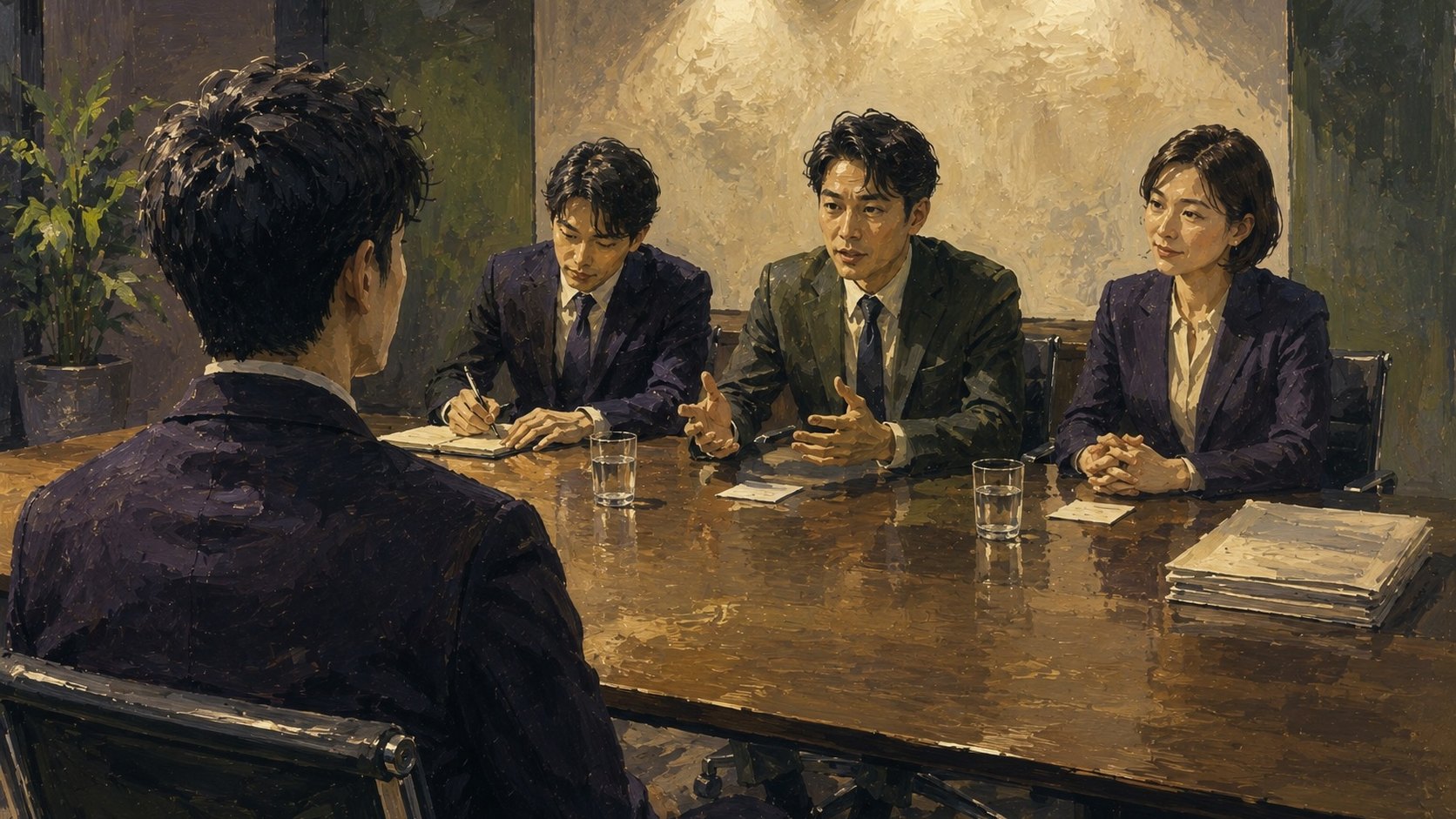 会議室で応募者の肩越しに、3人の企業担当者が身を乗り出して話しかけている面接会の場面を描いたガッシュ画