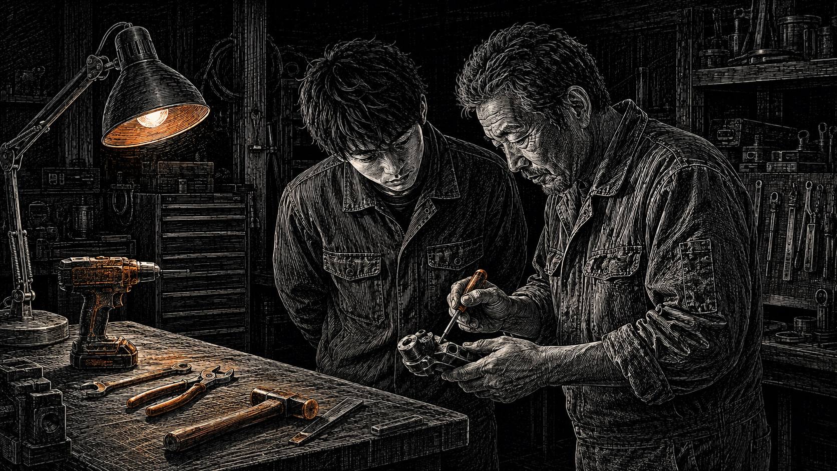 作業台の前で年上の職人が若い男性に工具の使い方を教えている場面を描いたスクラッチボード風イラスト