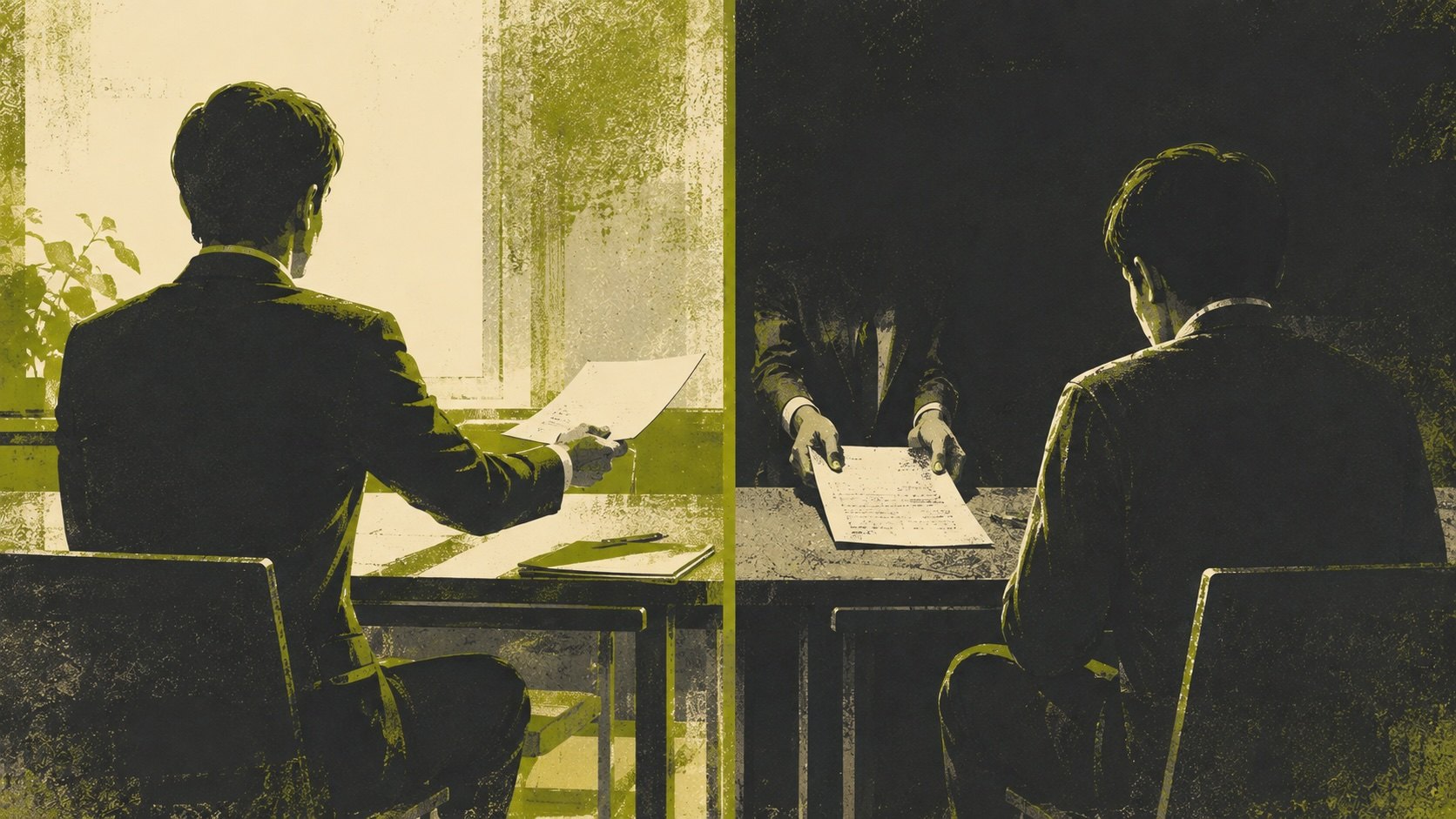 左は取引先に対等に条件を提示する人物、右は書類を突き返される人物を左右に分けて対比したステンシル版画風イラスト