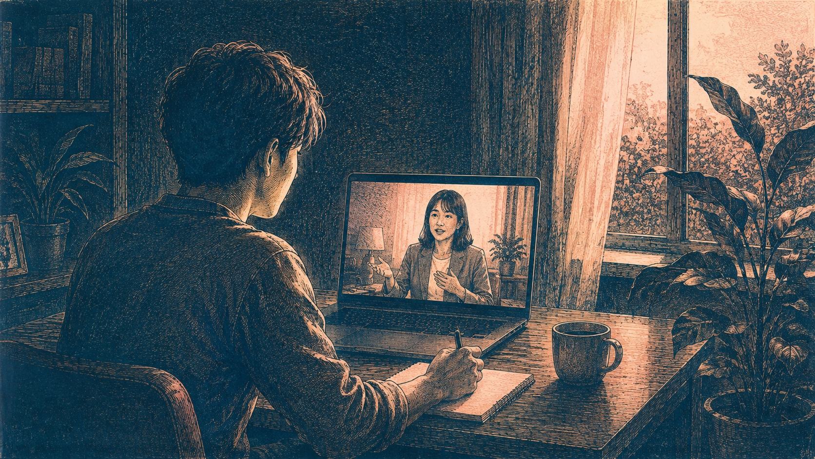 自宅の机でノートパソコンのオンライン面談に臨み、画面のキャリアアドバイザーの話をメモしている男性の後ろ姿を描いたドライポイント版画風イラスト