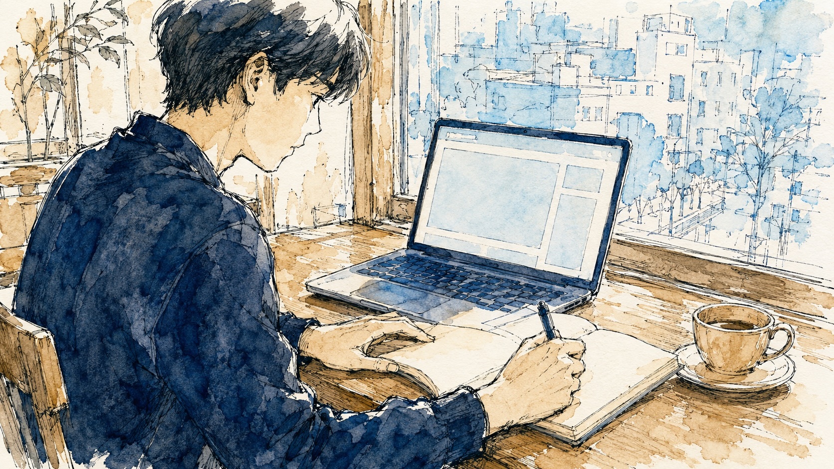 カフェの窓際でノートパソコンの画面を見ながらノートに書き出し、スクールを調べる男性の水彩ペン画イラスト