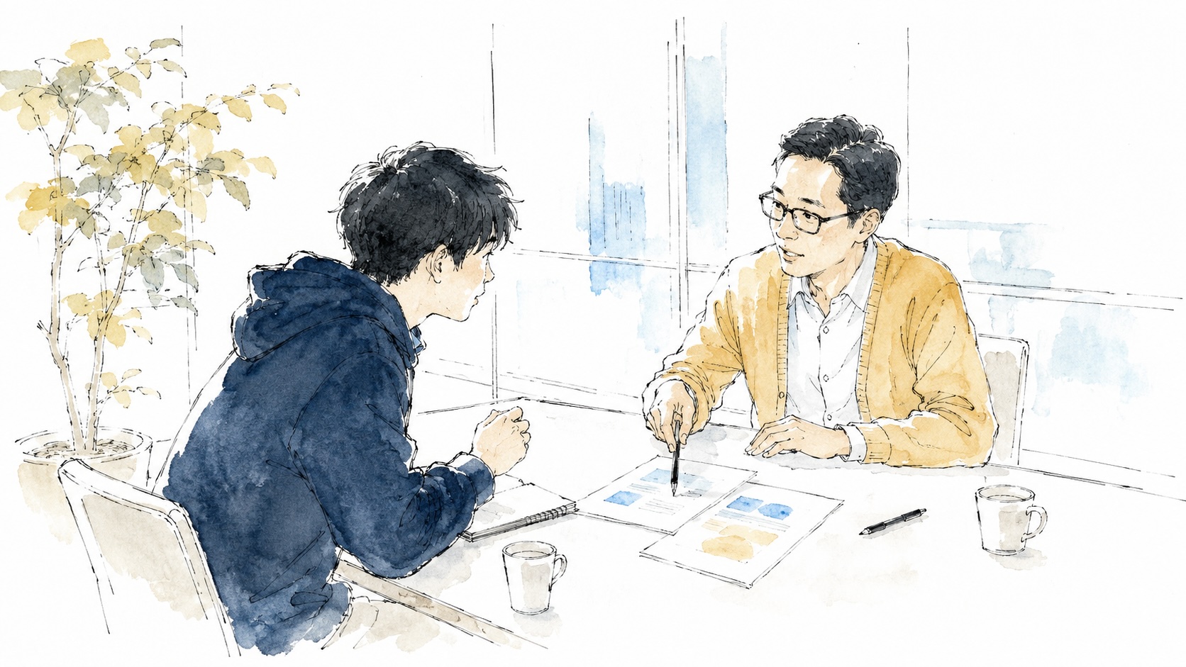 スクールの説明会で、若い男性の質問に眼鏡の男性講師が机の資料を指しながら答えている水彩ペン画イラスト