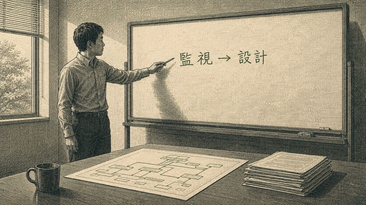 ホワイトボードに「監視 → 設計」と書いて指し示す先輩エンジニア。机にはネットワーク構成図