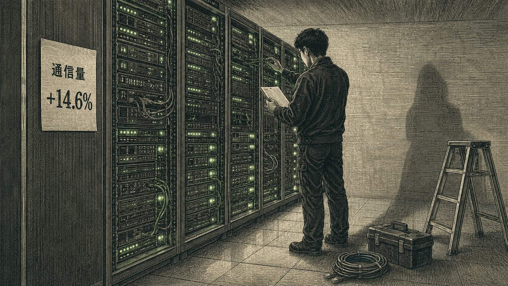 夜のサーバールームで点検票を手にラックのケーブルを扱うネットワークエンジニア。壁の貼り紙に「通信量 +14.6%」