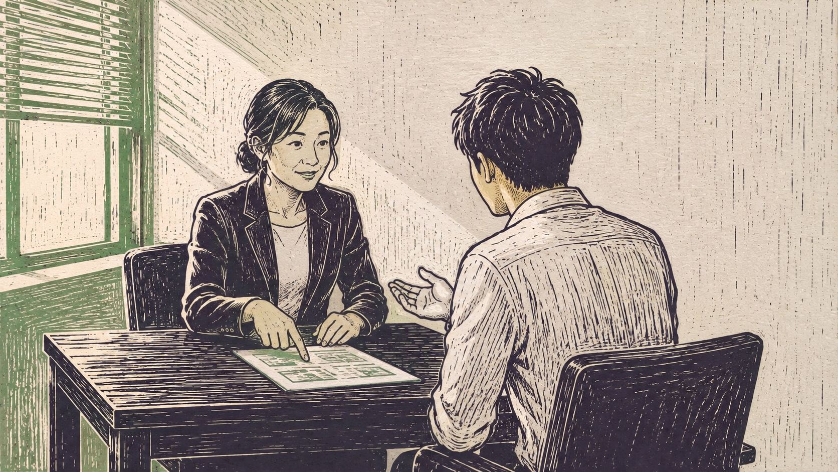 面談のテーブルでキャリアアドバイザーが資料の一点を指し、若い男性が身を乗り出して質問している場面を描いたリノリウム版画風イラスト