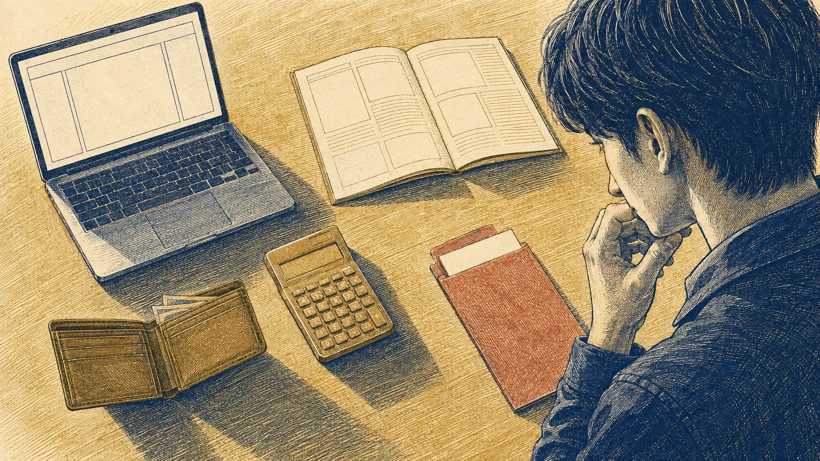 机の上のノートパソコン・受講案内・電卓・財布・公的書類の封筒を見下ろし、受講料を考え込む男性のペン画風イラスト