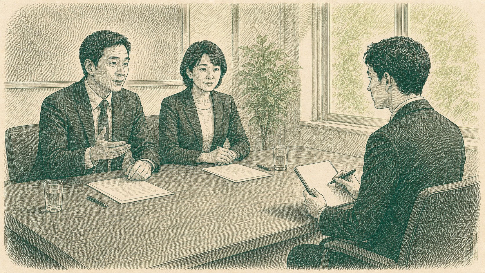 面接でメモを手に質問する応募者と、それに答える2人の面接官を描いた銅版画風イラスト