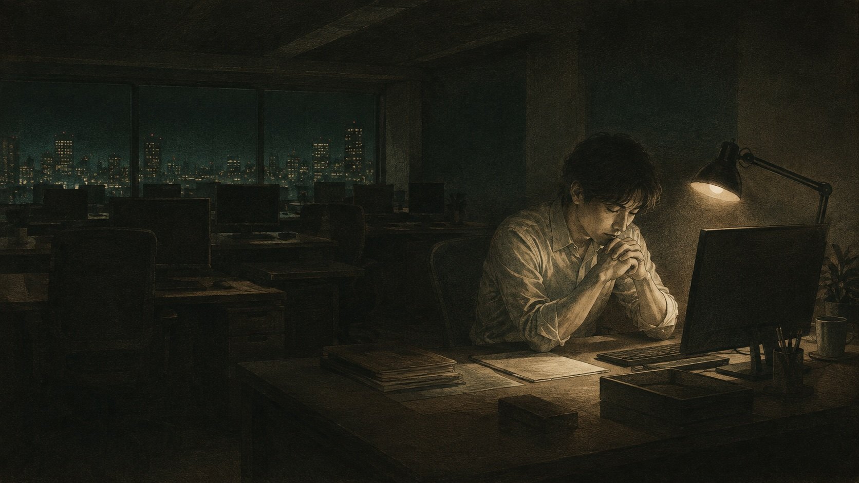 夜のオフィスで人のいないフロアに一人残り、モニタから視線を外して考え込んでいる若手社員を描いたメゾチント風イラスト