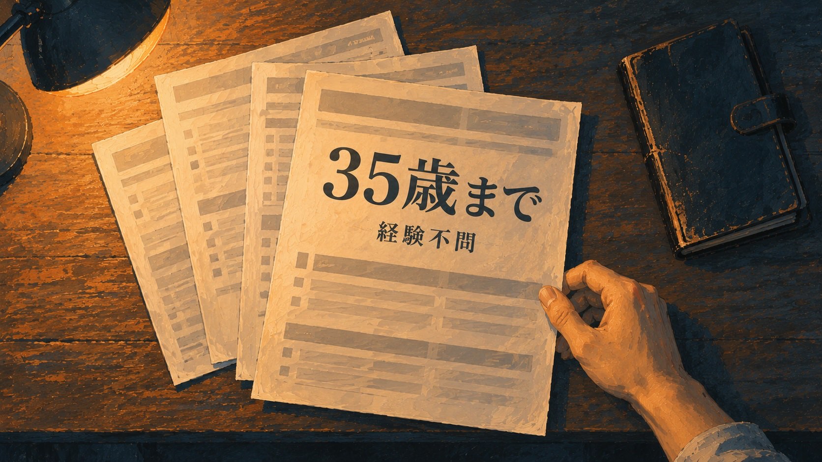 机の上に重ねた求人票を真上から見た様子。手前の一枚に「35歳まで 経験不問」と印字され、手がその一枚を引き寄せている