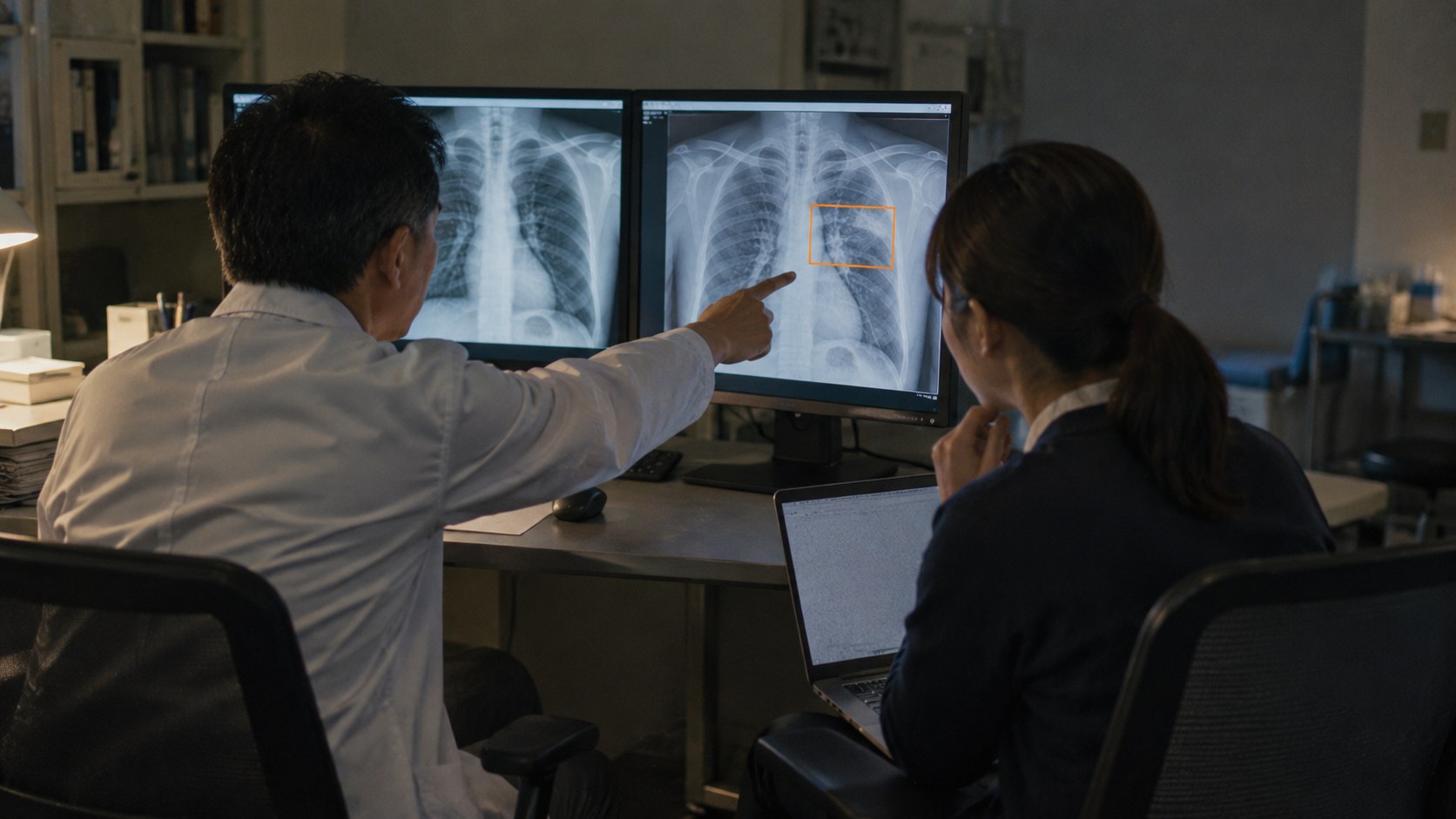 薄暗い読影室で、白衣の医師が胸部のレントゲン画像に付いたオレンジ色の枠を指さし、ノートパソコンを持ったエンジニアの女性がその画面を見ているフィルム写真風の画像