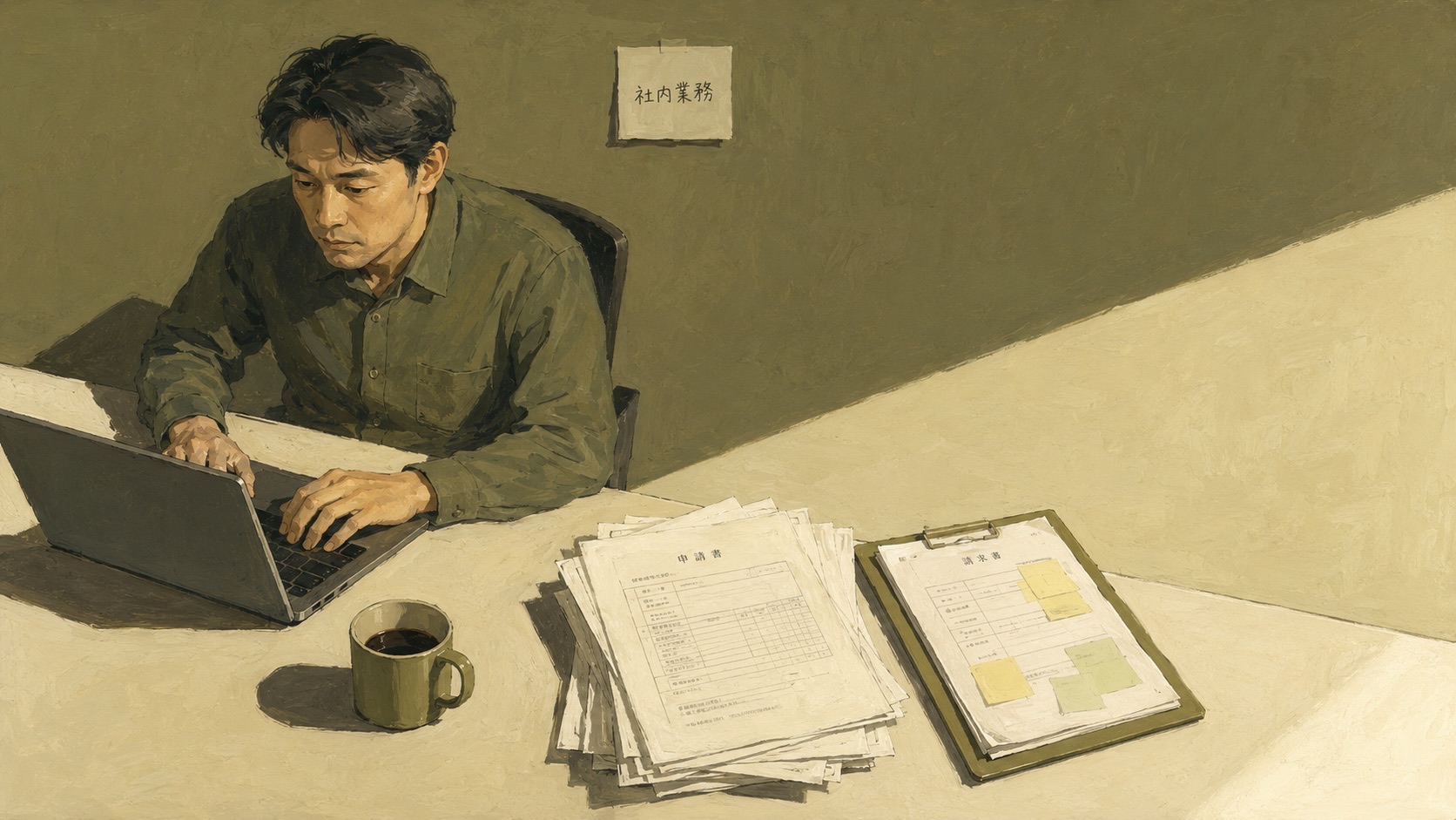 机に積まれた申請書と請求書の横でノートパソコンに向かうエンジニア。壁には社内業務と書かれた貼り紙