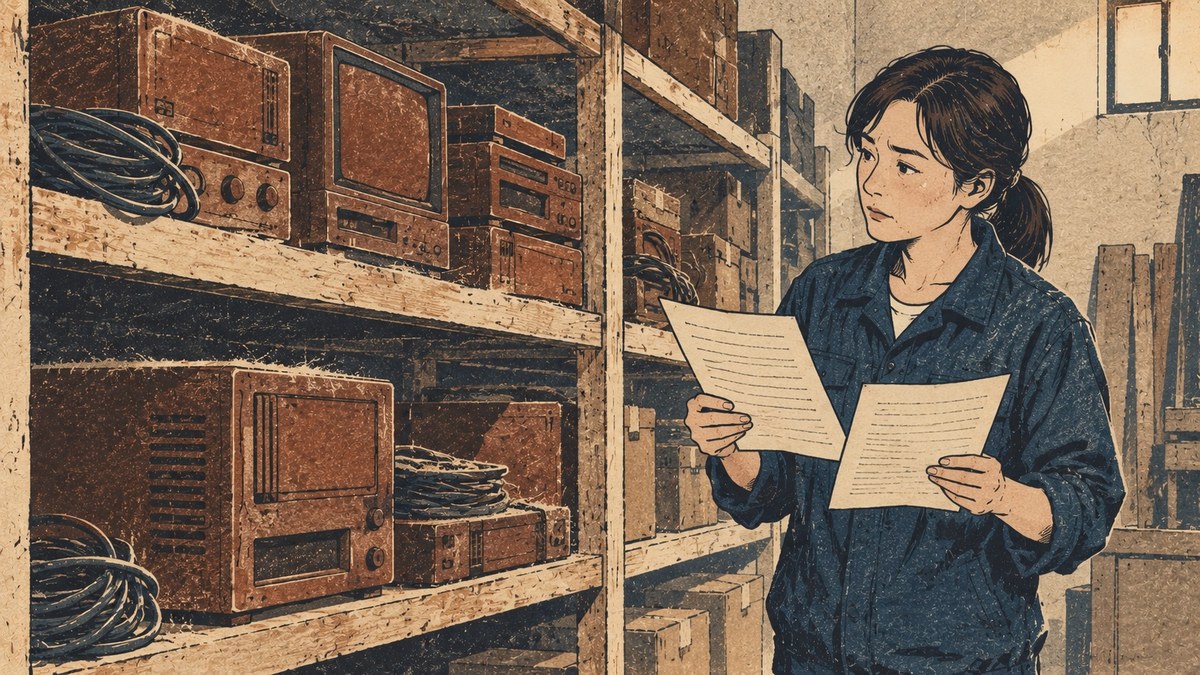 事務所の機材置き場で、女性が書類を手に古い機材の棚を見比べている