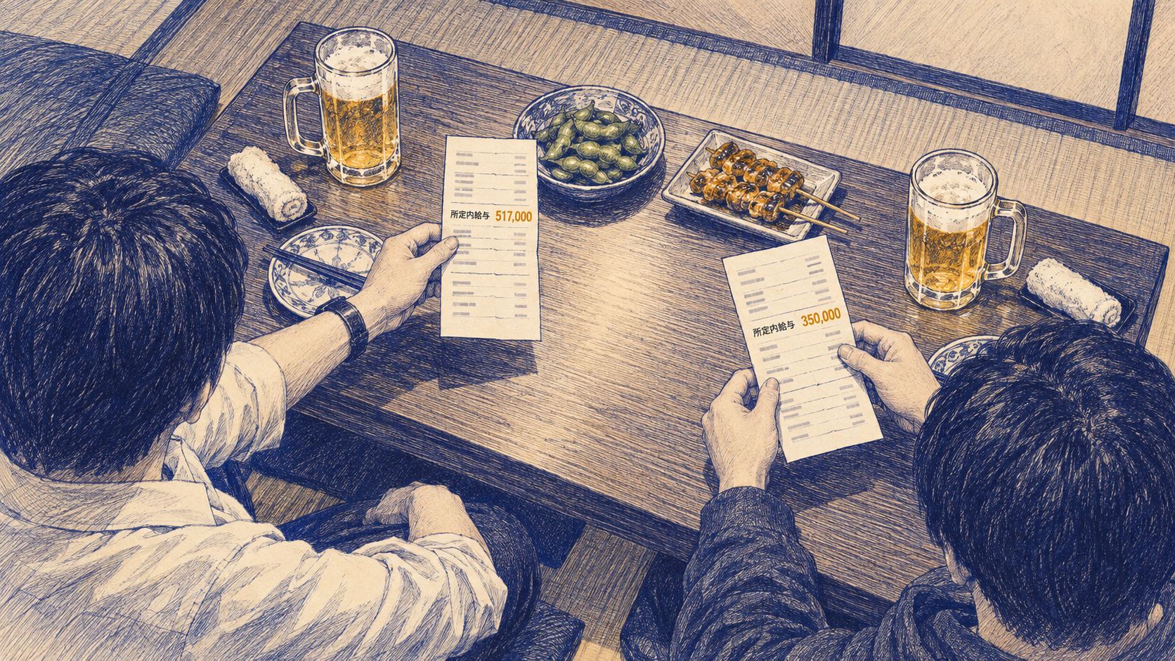 居酒屋の座敷で、同じ研究室にいた2人が給与明細を見せ合っているボールペン画風のイラスト。左の明細に「所定内給与 517,000」、右の明細に「所定内給与 350,000」。ビールのジョッキと枝豆、焼き鳥