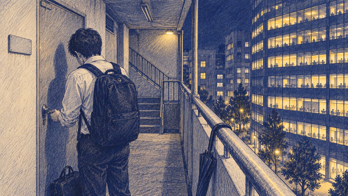 夜の雑居ビルの外廊下で、小さなデータ分析会社のドアに鍵をかける人を背後から描いたボールペン画風のイラスト。通りの向こうに窓の明かりがついた大きなオフィスビル
