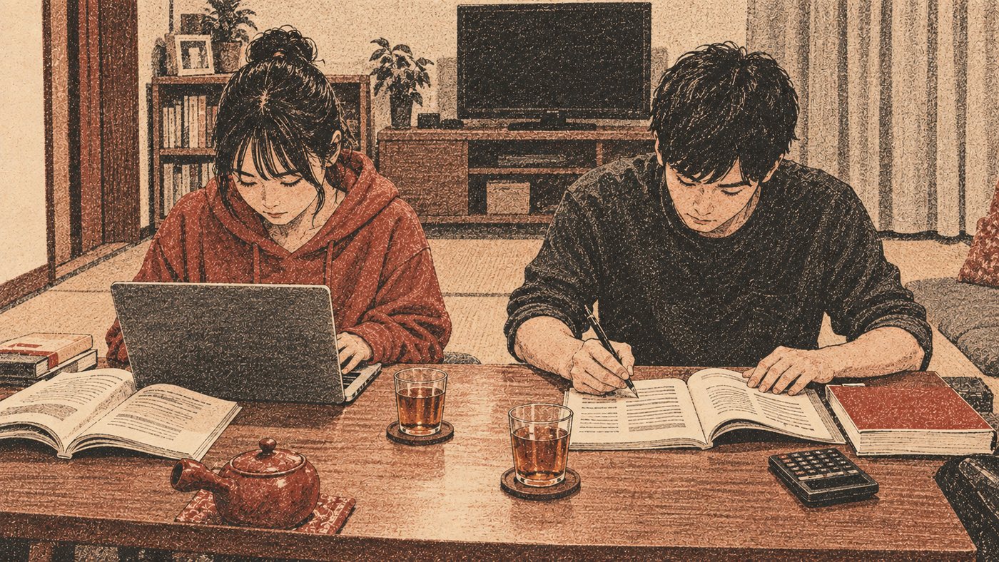 夜の実家の居間の座卓で、大学生の妹が講座の教科書とノートPCで課題をし、社会人の兄が検定の問題集を解いているガリ版風のイラスト。麦茶のグラス2つと急須、電卓
