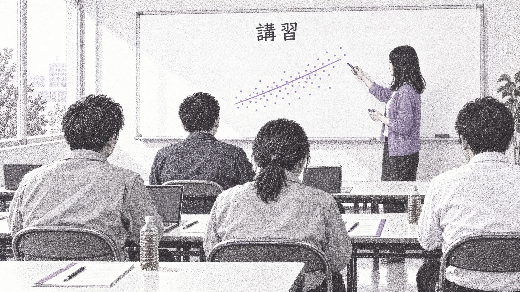 製造業の会社の会議室で行われている社内講習を最後列から見た点描風のイラスト。ホワイトボードに「講習」の文字と散布図が描かれ、女性データサイエンティストが説明し、作業着やシャツの社員が席で聞いている