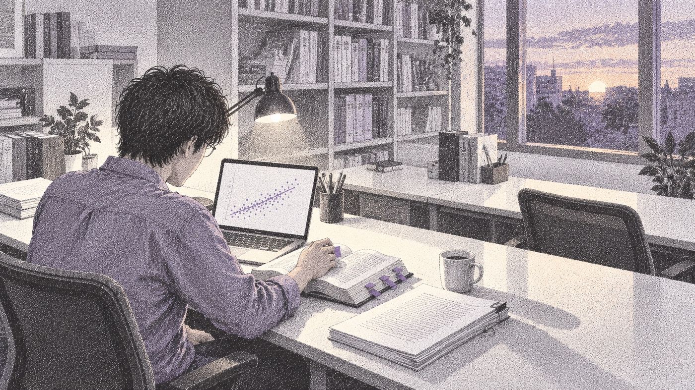 大学の研究室で、大学院生がノートPCの散布図を見ながら専門書に付箋を貼っている点描風のイラスト。机に論文の束とマグカップ、奥に本棚と夕方の窓