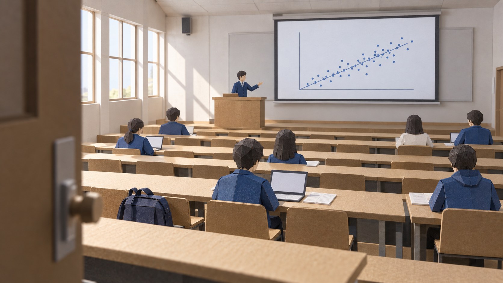 大学の階段教室で行われているデータサイエンスの基礎講義を入口から見たペーパークラフト風のイラスト。前方のスクリーンに散布図、席はまばらに8人ほど