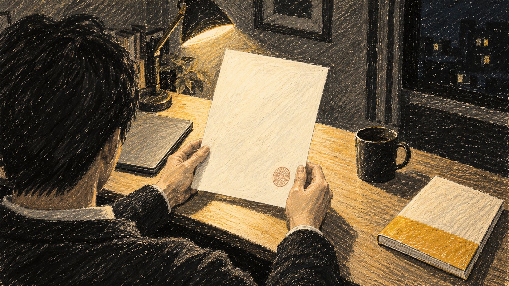 夜の自室の机で、デスクライトの光の下、印刷した合格証明書を両手で持って眺めている人を肩越しに描いたオイルパステル風のイラスト。机に閉じたノートPCとマグカップと参考書