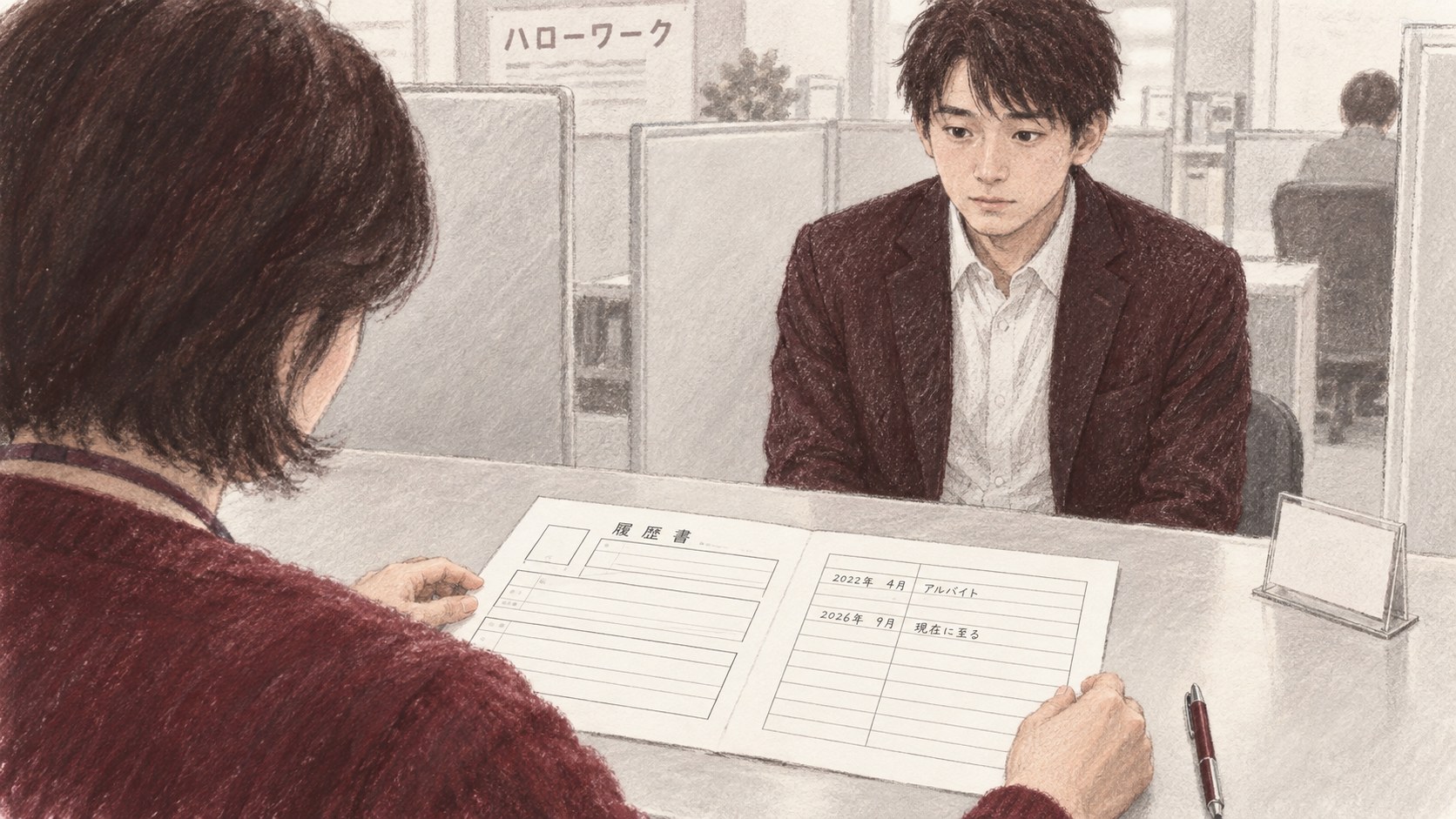 ハローワークの相談窓口。相談員の肩越しに、カウンターに置かれた履歴書が見える。職歴欄には2022年4月からアルバイト、2026年9月現在に至ると書かれ、向かいに座る20代の男性が緊張した表情で相談員を見ている