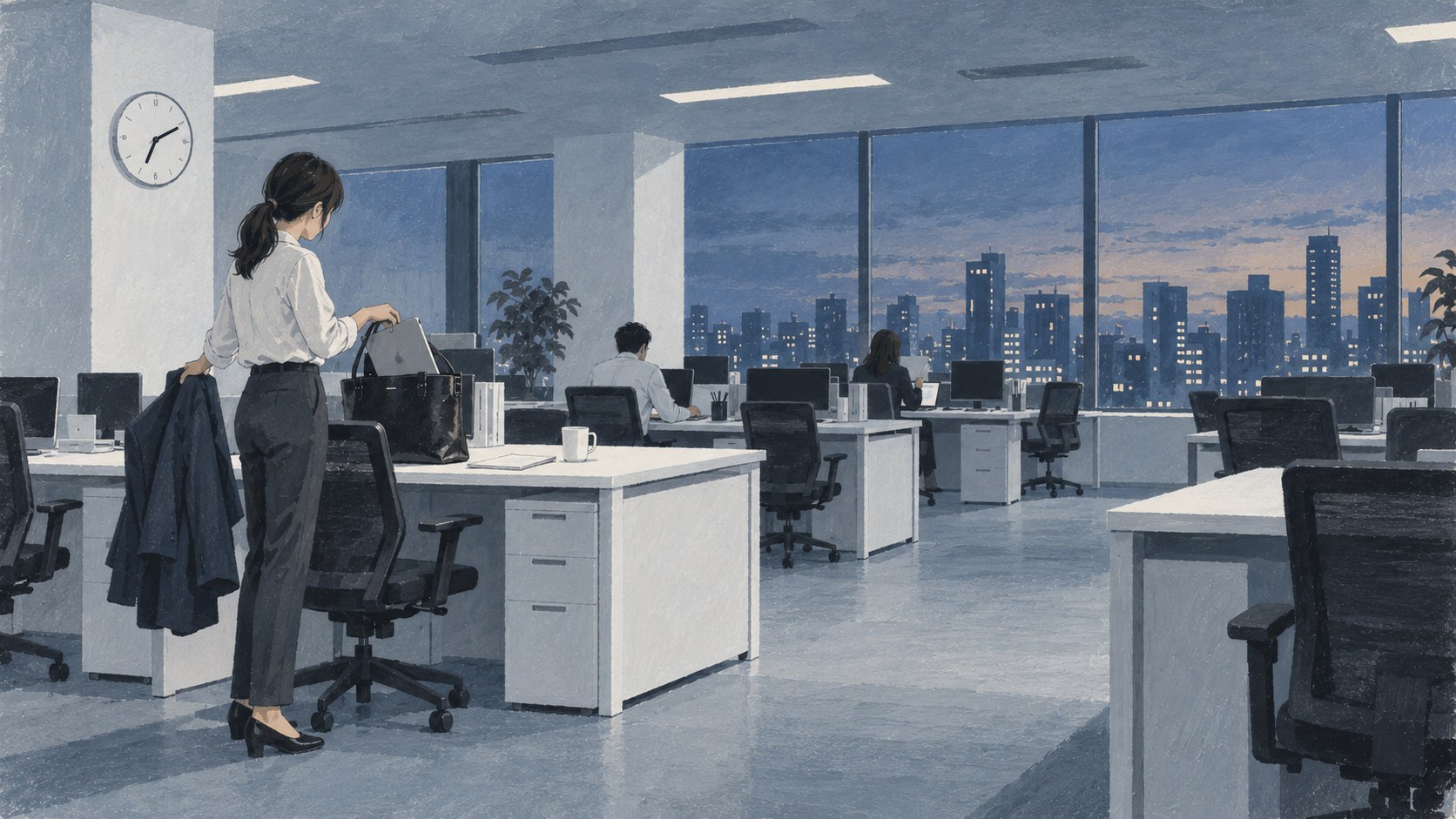 19時過ぎのコンサルティング会社のオフィスで、ノートPCを鞄に入れ上着を取って帰り支度をする女性コンサルタントのグアッシュのイラスト。奥に2人だけ残り、窓の外は暮れた街の灯り、壁の時計は19時10分