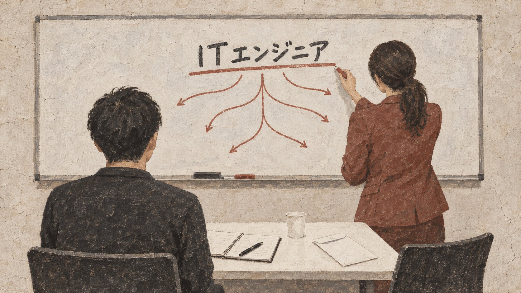 人材紹介会社の面談ブースをホワイトボードの正面から描いたフレスコ画風のイラスト。ホワイトボードの「ITエンジニア」の文字に赤い横線が引かれ、その下から枝分かれの線が伸びている。手前に座った求職者の後ろ姿と、マーカーを持つキャリアアドバイザーの後ろ姿