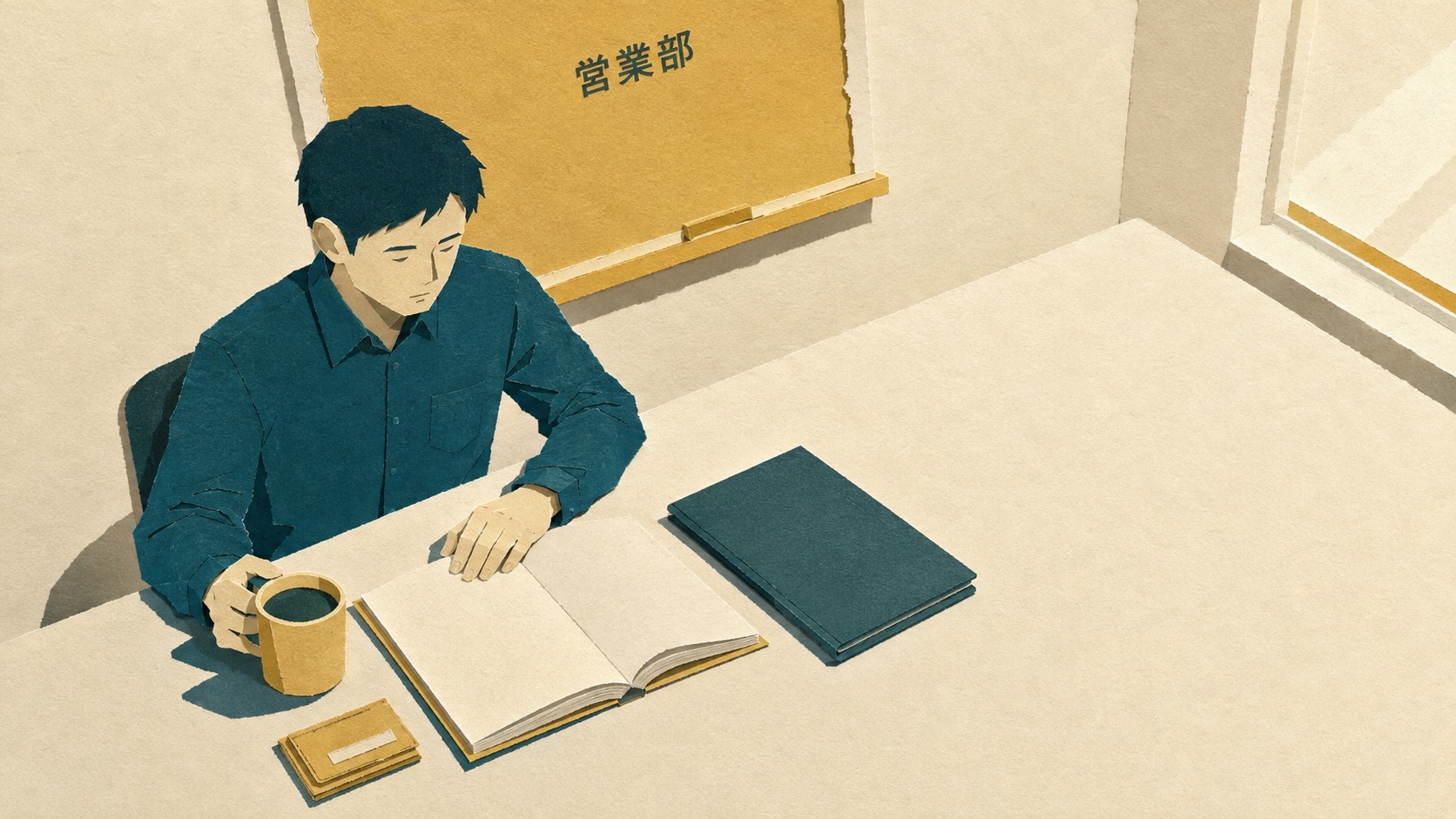 営業部の掲示がある机で資格テキストを開く会社員。名刺入れとマグカップが置かれている