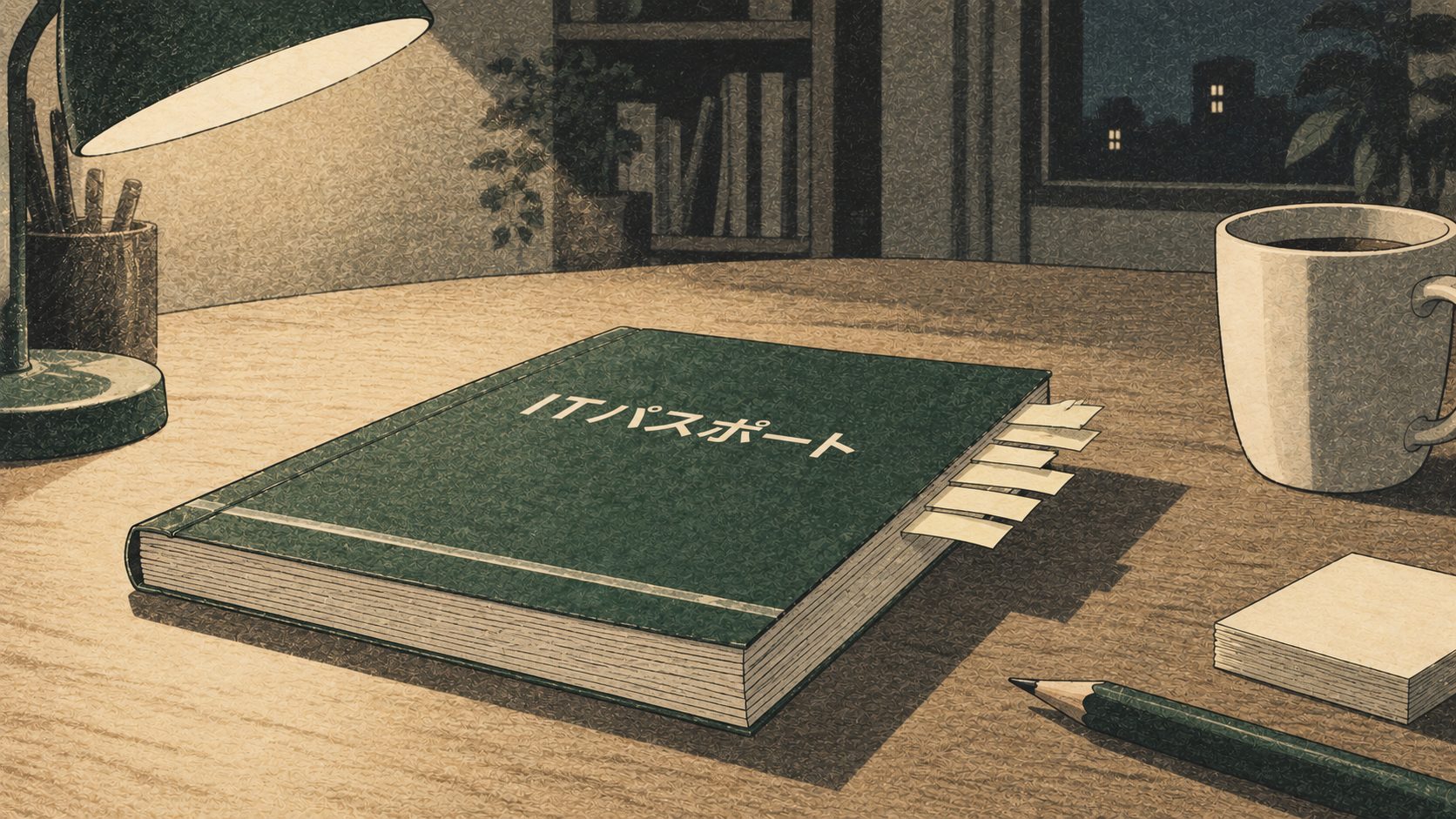 夜の机に置かれたITパスポートの参考書。小口から付箋が横に飛び出しているが、表紙に近い前半のページに集中し、後半のページには1枚も貼られていない