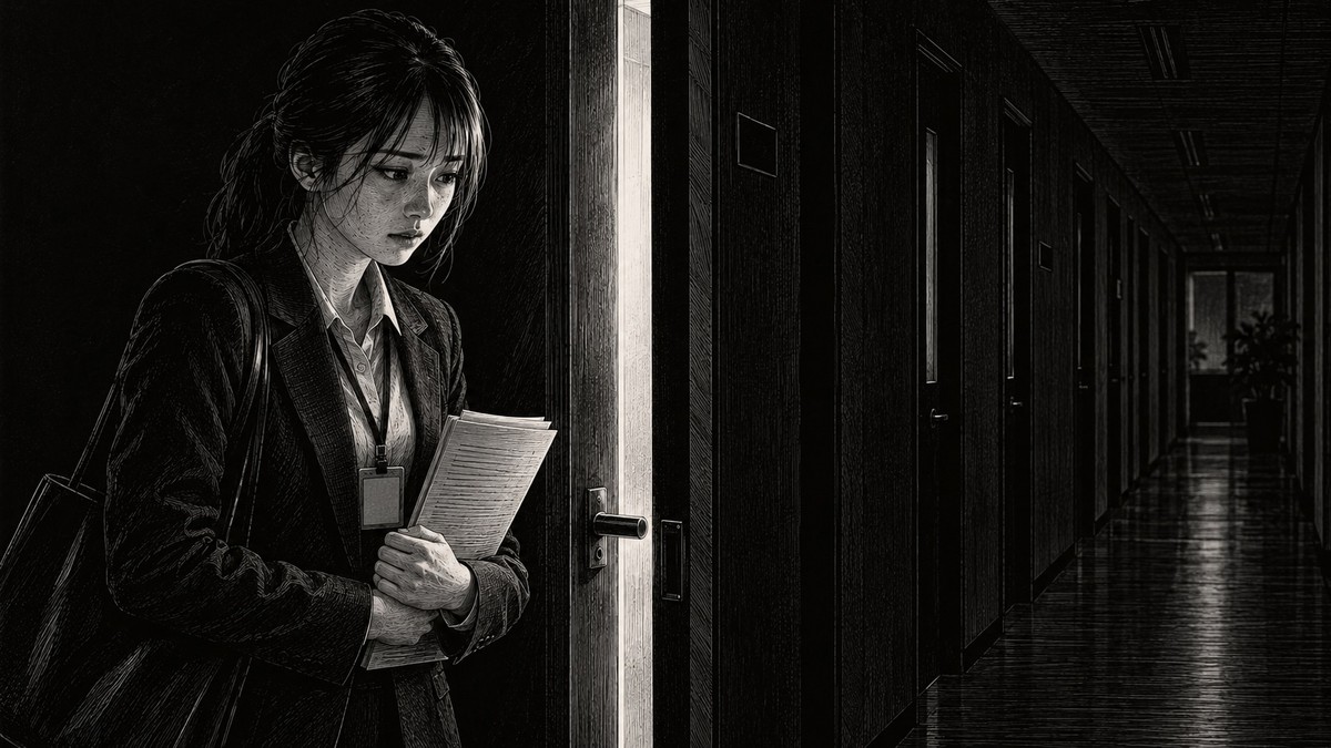 朝のオフィスの廊下で、新しい社員証を提げた女性が書類を持ち、わずかに開いたドアの前で足を止めている