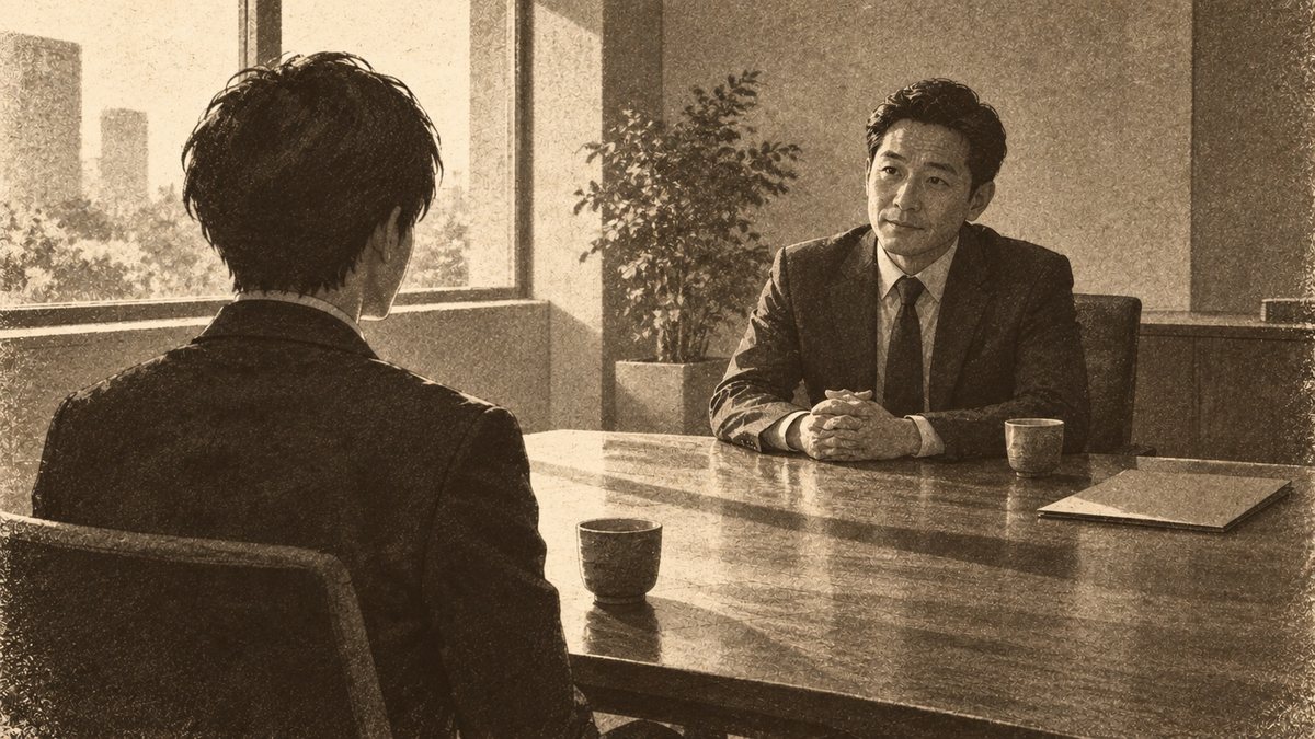 面談室で面接官が書類を伏せたまま、応募者の顔を見て話を聞いている