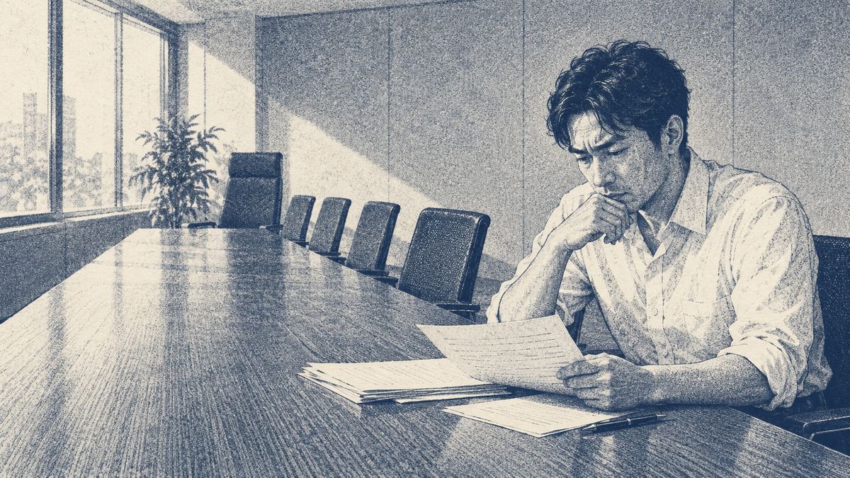 会議室の端の席に30代後半の男性が1人で座り、机の奥には背もたれの高さが違う空席が並んでいる