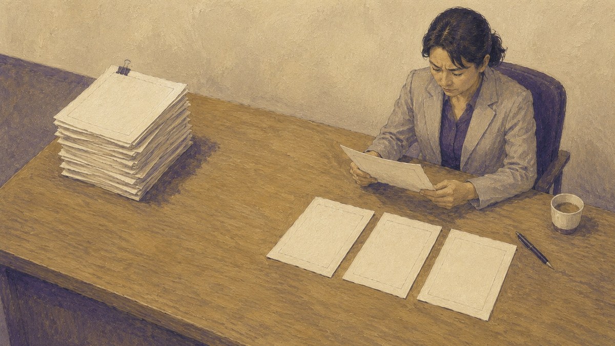会議室で面接官が積まれた応募書類の束から3枚だけを抜き出して見比べている