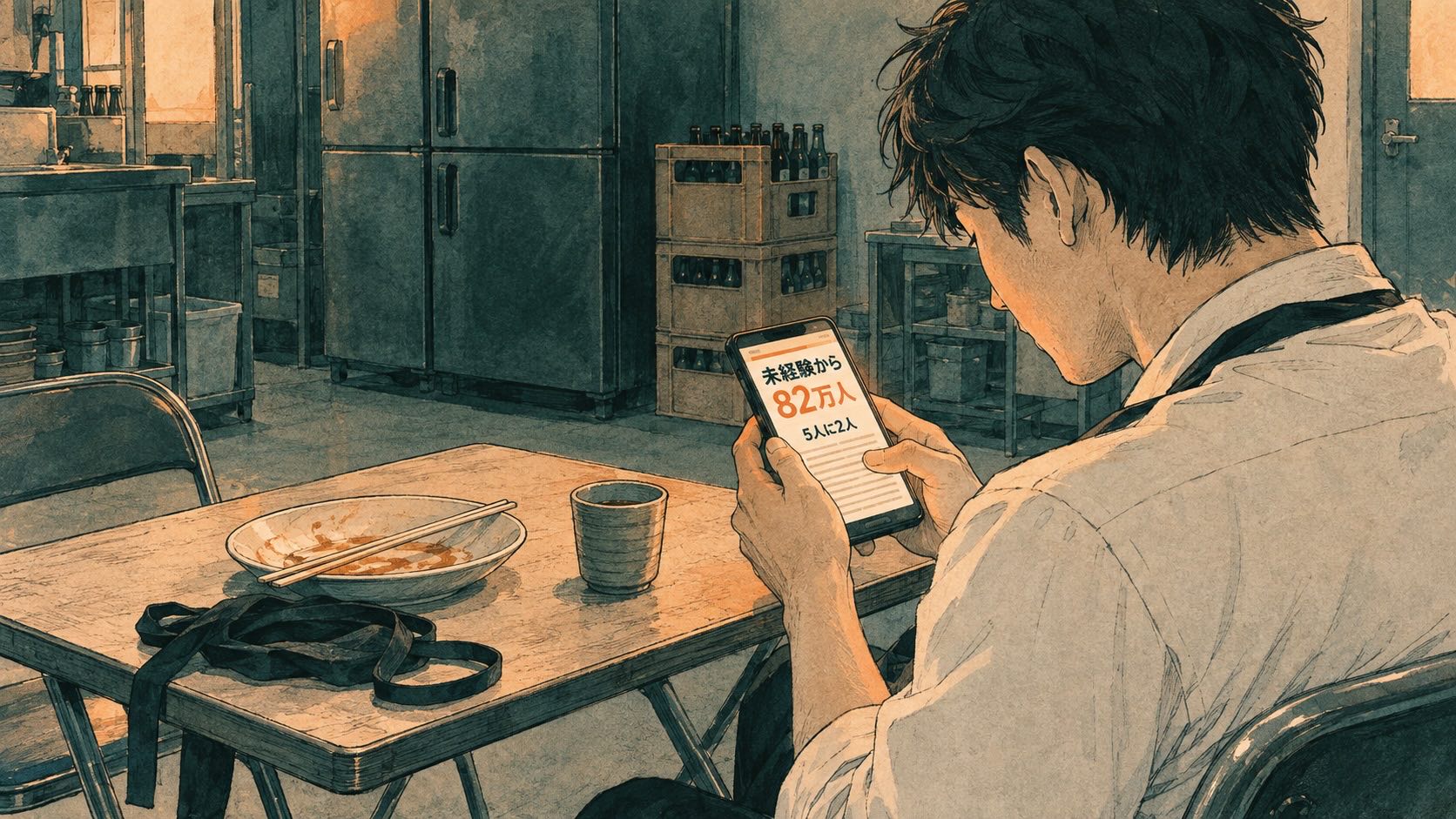 飲食店の休憩スペースで、エプロン姿の男性が賄いを食べ終えたテーブルでスマートフォンを見ている。画面に「未経験から 82万人」「5人に2人」と表示されている