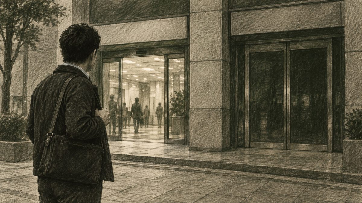 街角で男性が立ち止まり、明るく開いた入口と閉じた扉の2つを前にしている