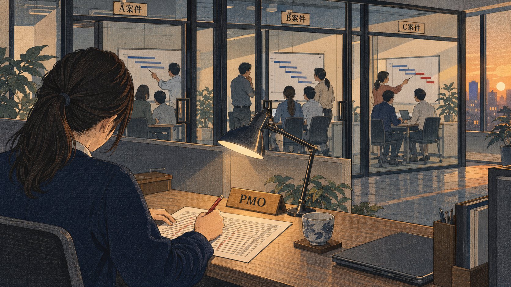 「PMO」の卓上札を置いた席から、ガラス越しに「A案件」「B案件」「C案件」の3つの部屋を見渡す新版画風の絵。手前の人が一覧表に赤鉛筆で印をつけ、C案件の工程表だけ横棒の先が赤くなっている