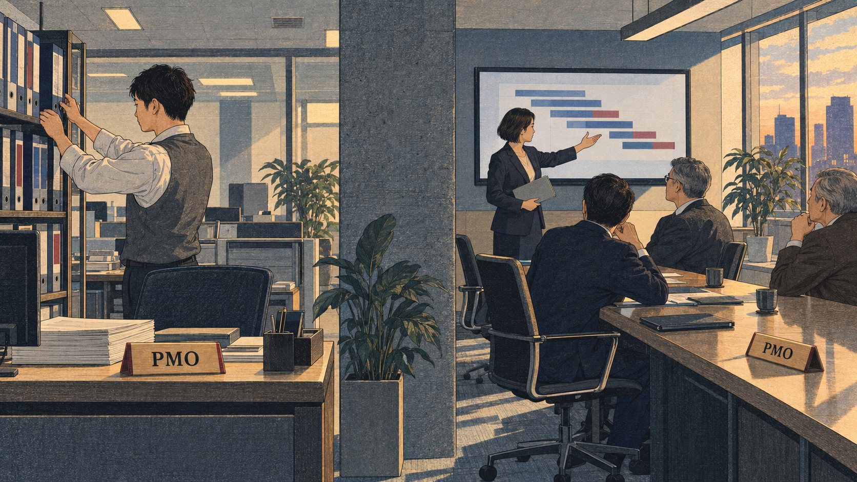 柱で左右に分かれたオフィスの新版画風の絵。左では「PMO」の札を置いた机の横でバインダーを棚に並べる人、右では同じ「PMO」の札を置いた会議室で役員に工程表を映して説明する人
