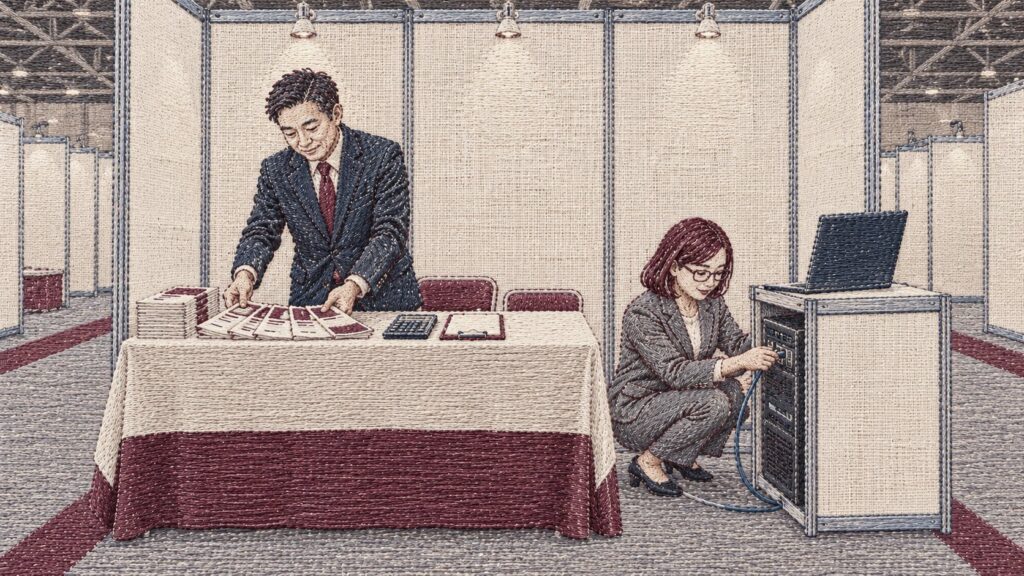 開場前の展示会ブースで、スーツの男性が机にパンフレットを並べ、眼鏡の女性がしゃがんでデモ用のサーバー機にケーブルをつないでいる刺繍風の画像