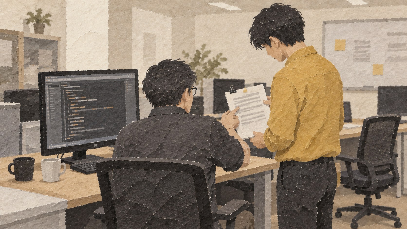 開発室で、先輩プログラマーが席に座ったまま、新人が持ってきた設計書の1行を指で示しているちぎり絵風のイラスト。新人は席の横に立って設計書を両手で持ち、先輩のモニターにはコードの画面