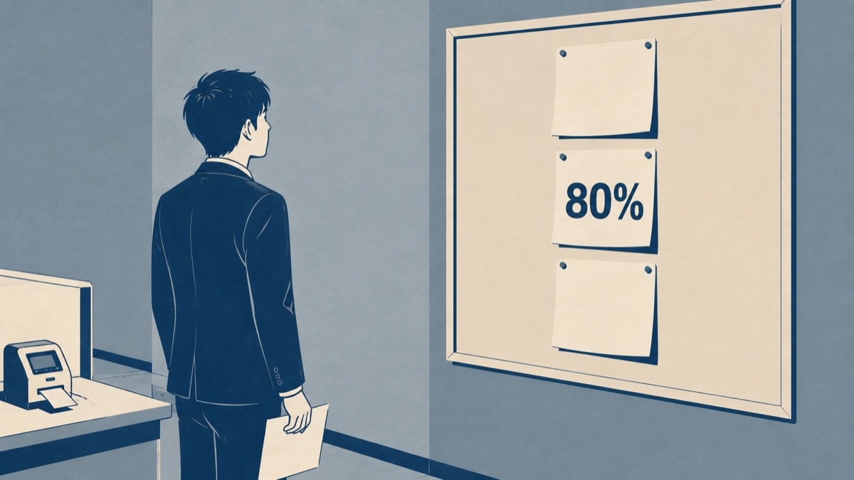 ハローワークの掲示板に貼られた3枚の紙のうち、真ん中の1枚だけに80%と書かれている